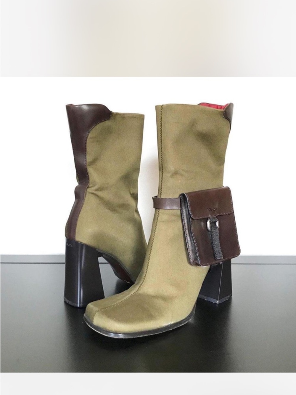 PRADA Vintage Women’s Olive Green and Brown Mid-Calf Heeled Boots